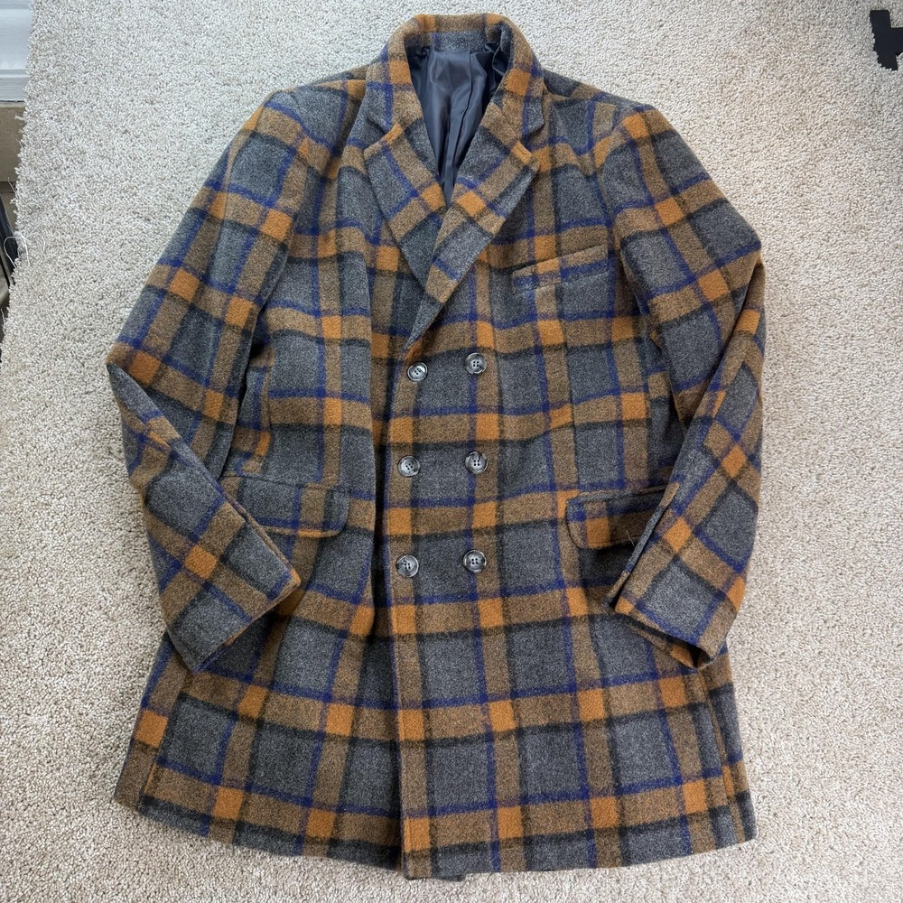 Nohow Coat Mens EU 52 Gray Plaid Overcoat Winter Double Breasted Made In Italy